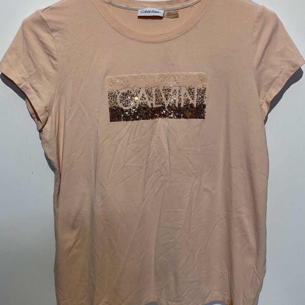 Calvin Klein Womens Peach Sequined Logo Short Sleeve Cotton Modal‎ Tee Shirt